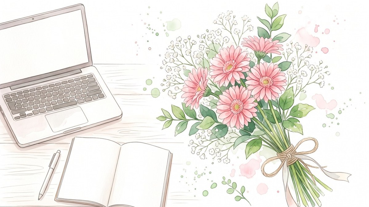 ノートパソコンと開いたノート、ピンクの花束が並ぶ水彩風のイラスト