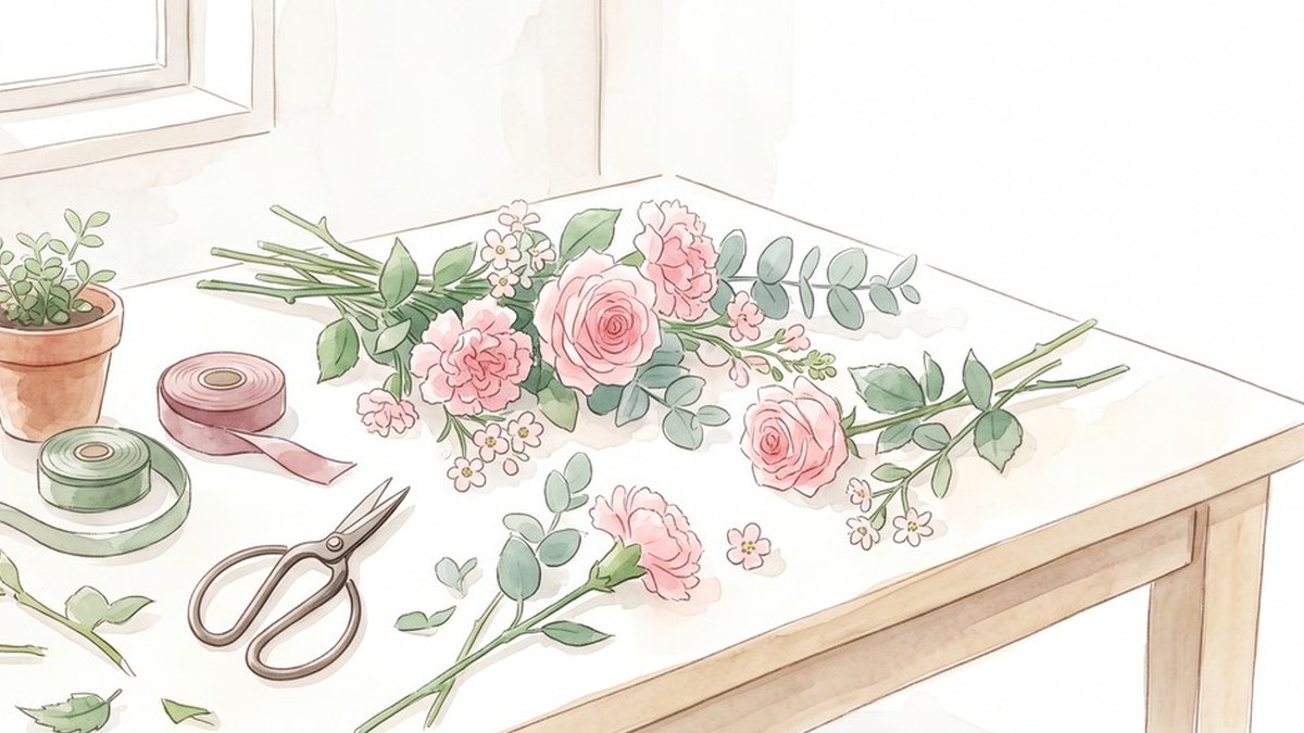 作業台に、ピンクの花、はさみ、リボンが並んだ水彩風のイラスト