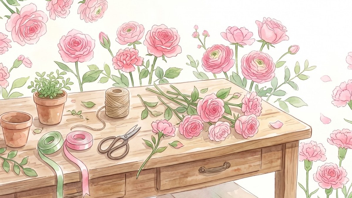 作業台の上に、ピンクの花、はさみ、リボン、鉢植えが置かれた水彩風のイラスト