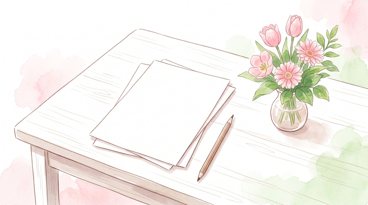 机の上の書類と鉛筆、小さな花瓶のお花の水彩イラスト