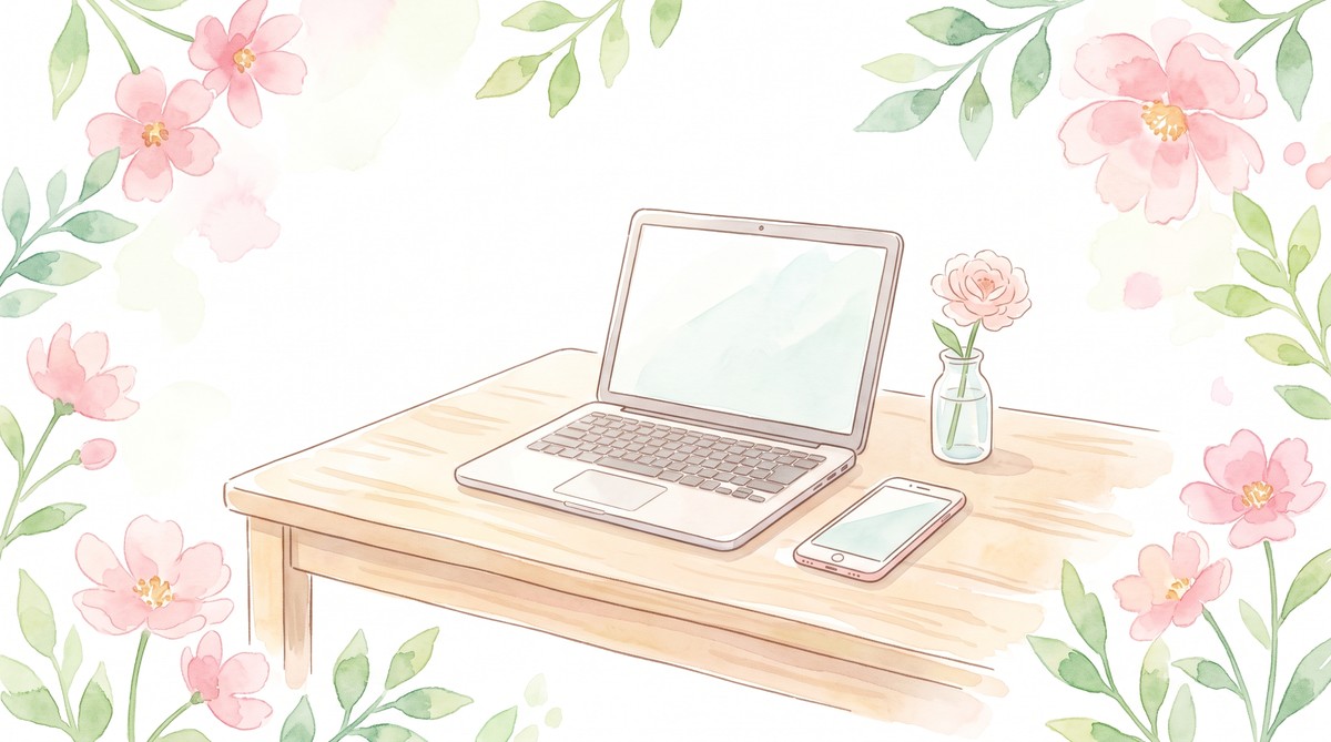 ノートパソコンとスマートフォン、一輪挿しのお花が置かれた机の水彩イラスト（オンライン申請のイメージ）